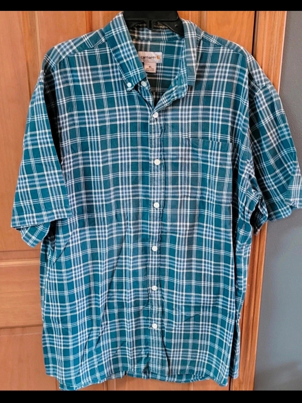 Carhartt Teal and White Plaid Short-Sleeve Button-Down Shirt